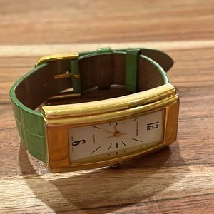 Vernier Thin Rectangular Gold & Green Leather Strap Watch
